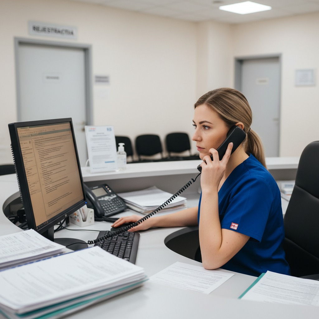 Pracownica recepcji medycznej w niebieskim stroju rozmawia przez telefon, obsługując jednocześnie komputer.